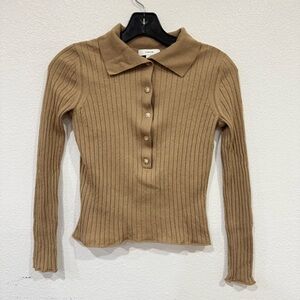 Vince Ribbed Knit Pullover Quarter Button Light Brown Wool Women’s Size Medium